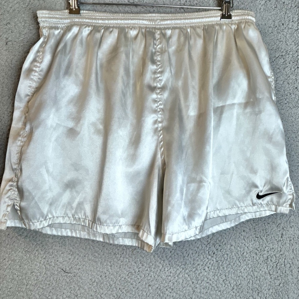 Vtg Nike 90s Soccer Lined Shorts Shiny White Satin Striped Borders Swoosh XL
